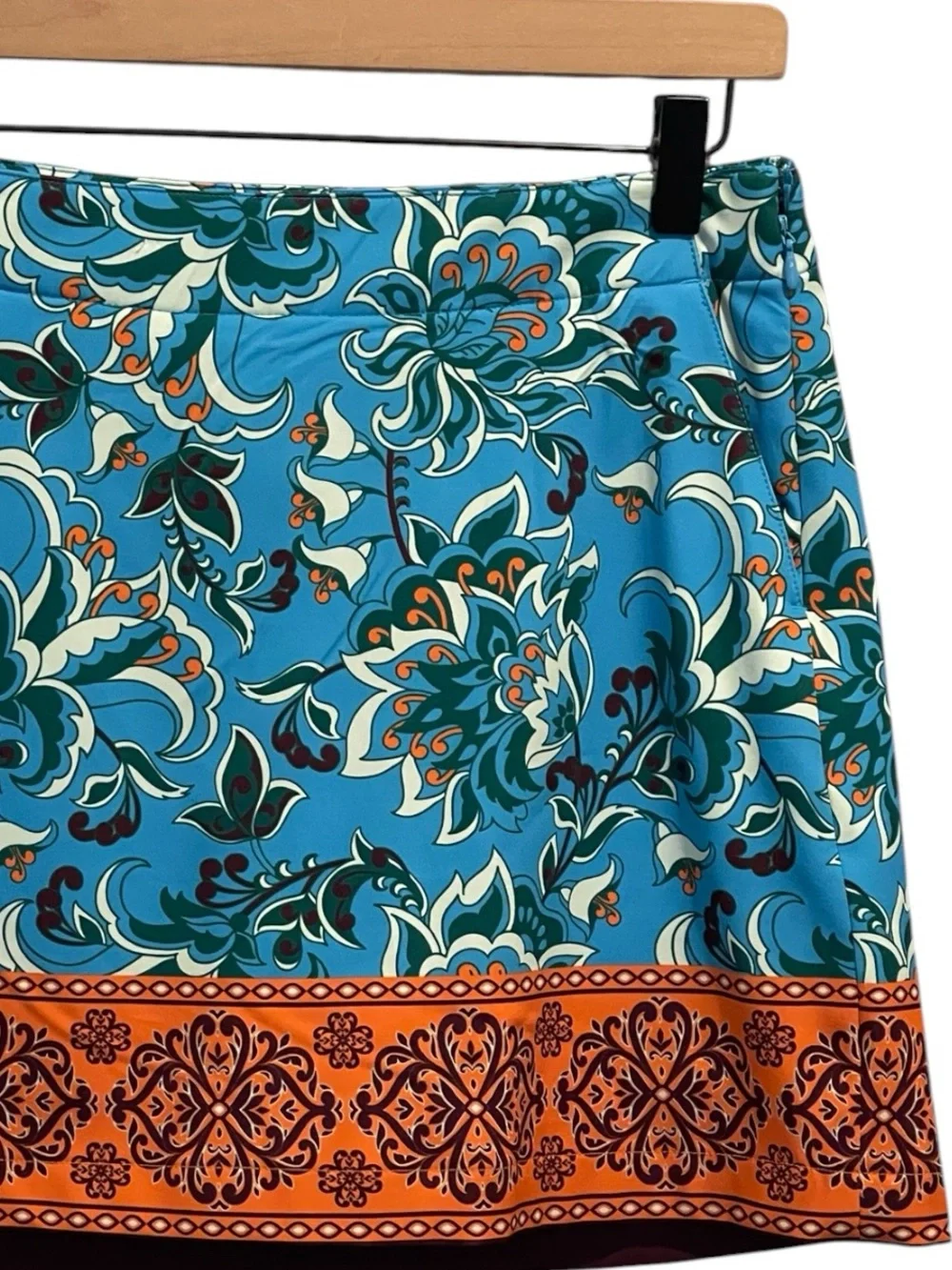 Lady Hagen Turquoise Blue Floral Mini Skirt/Skort with Orange Hem, Size 2